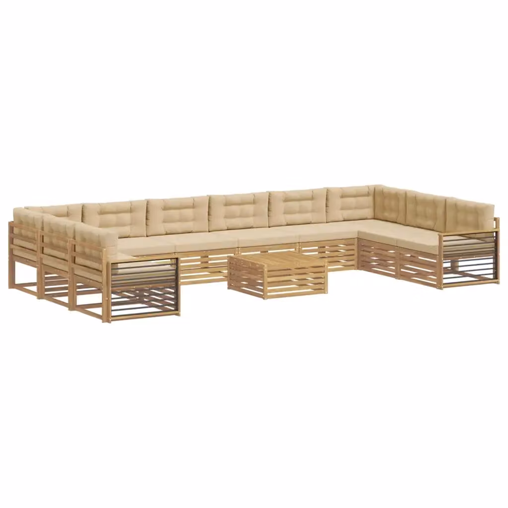 Set di divani da giardino a L con tavolo vidaXL in legno di acacia marrone e beige con cuscini inclusi – 2