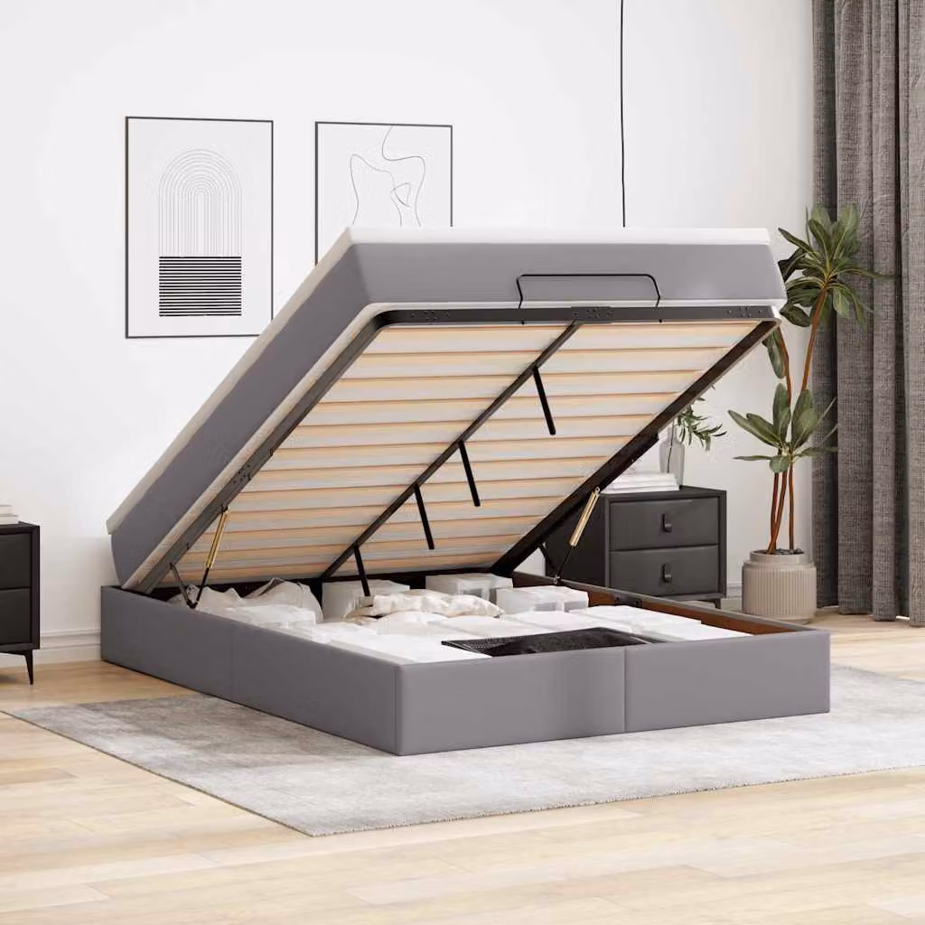 vidaXL Struttura Letto con Contenitore e Materasso in Similpelle Grigio e Bianco L: 140 cm, P: 190 cm, H: 28 cm – 1