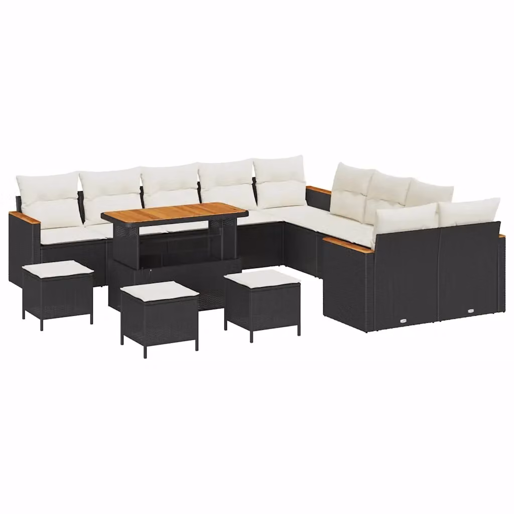Set Divano da Giardino vidaXL 14 Pezzi in Polyrattan Nero con Cuscini Beige e Tavolino da Esterno – 2