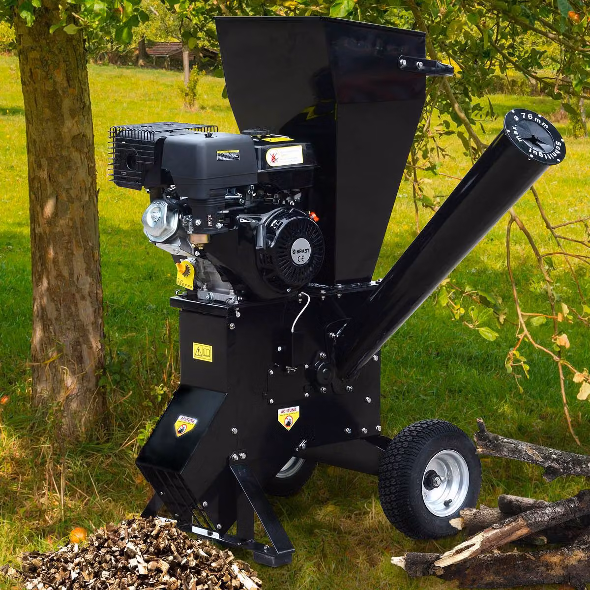 BRAST trituratore da giardino a benzina | 5,2kW(7hp) | spessore dei rami 76mm | 2 sistemi di lame con 22 lame | pneumatici per il trasporto e impugnatura