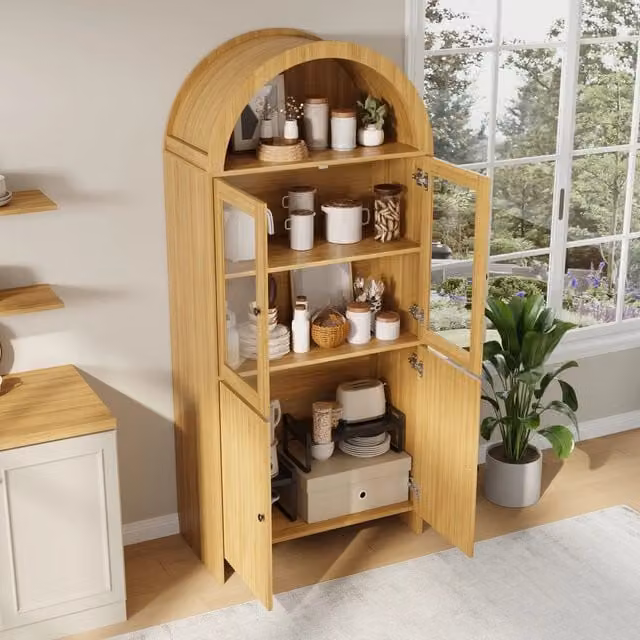 Vetrina credenza con ante in vetro e vano chiuso ondulato per soggiorno, in truciolare naturale, 78 × 40 × 176 cm