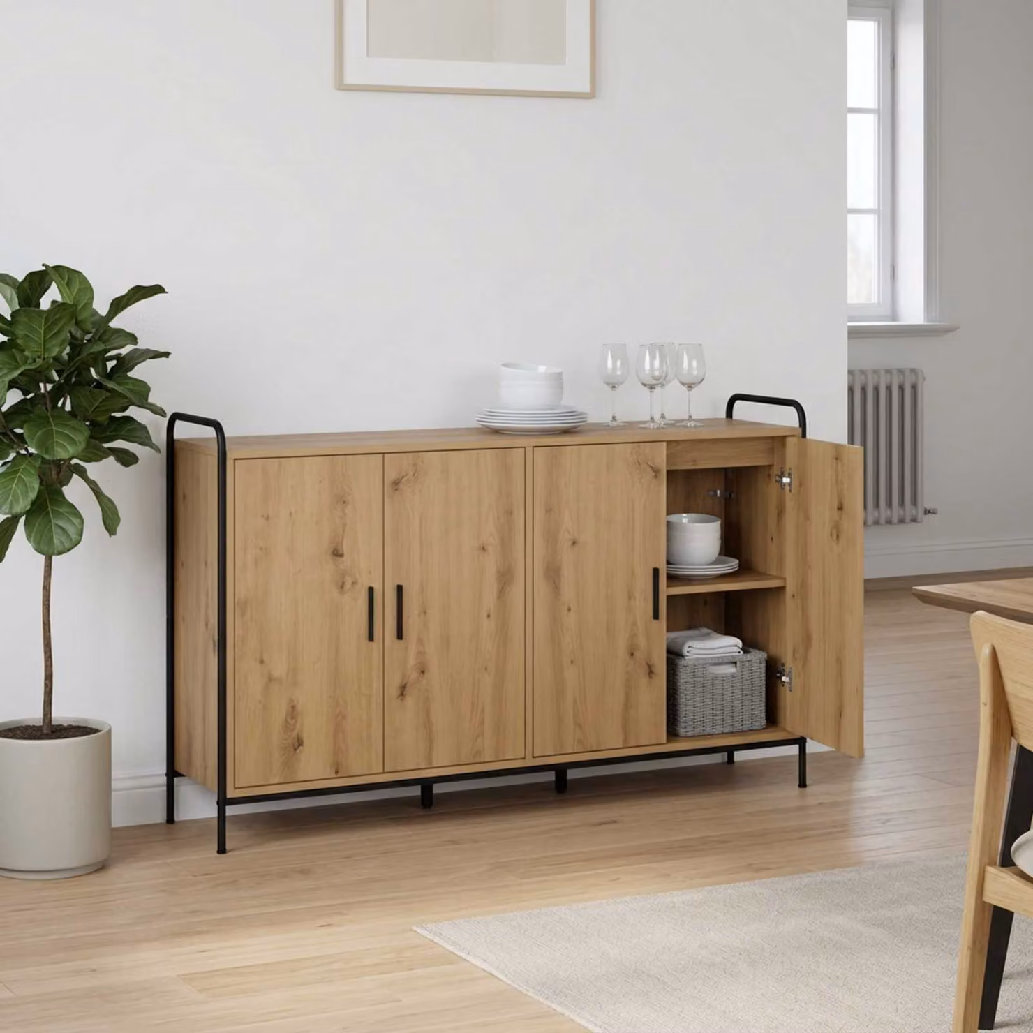 Credenza moderna vidaXL in rovere e metallo, colore marrone, L: 97 cm, P: 33 cm, H: 81 cm