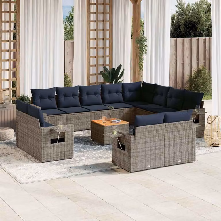Set di divani da giardino vidaXL in polyrattan grigio con cuscini e tavolino da esterno a forma di U