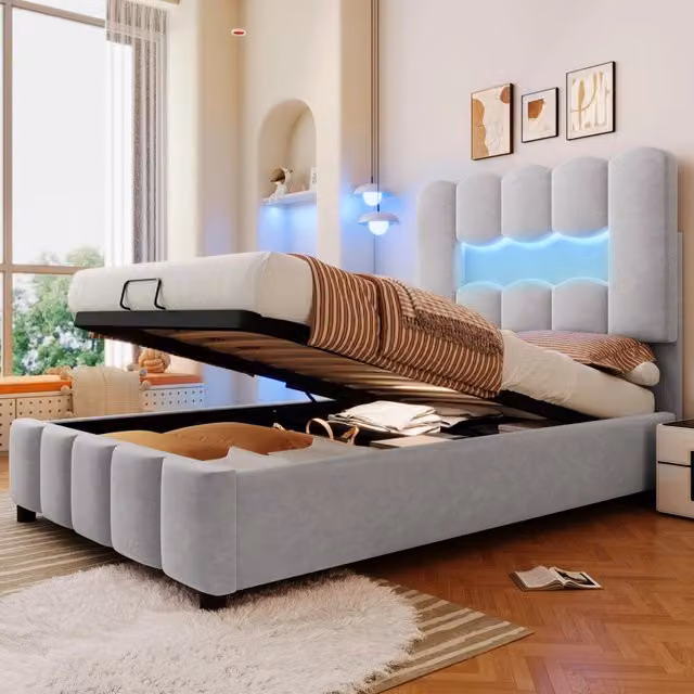 Letto imbottito moderno in velluto grigio con contenitore idraulico e illuminazione LED L/P: 90 x 200 cm – 1