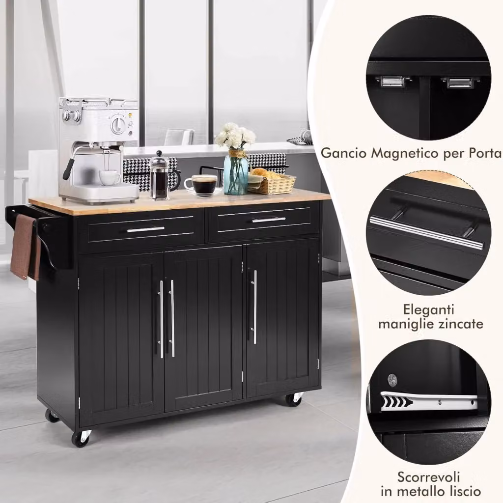 Carrello da cucina moderno Costway in legno con 2 cassetti e maniglia, colore nero, L: 122 cm, P: 46 cm, H: 92,3 cm – 2