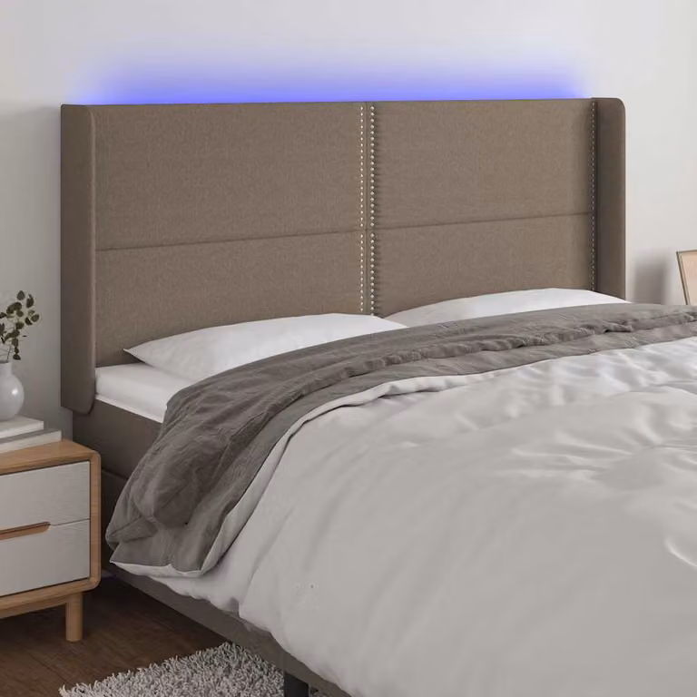 Testiera con LED e porta USB vidaXL in tessuto tortora, L: 203 cm, P: 16 cm, H: 118/128 cm