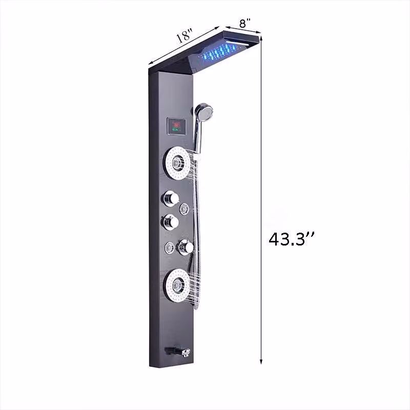 Sistema doccia per il bagno - Doccia a pioggia con LED - Pannello doccia - Ugelli massaggio corpo tipo SPA - Display digitale della temperatura - Miscelatore a tre manopole - Acciaio inossidabile 304 - Nero 8009