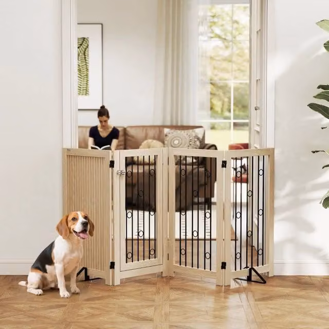 Cancelletto autoportante per animali domestici a 4 pannelli con porta, colore rovere