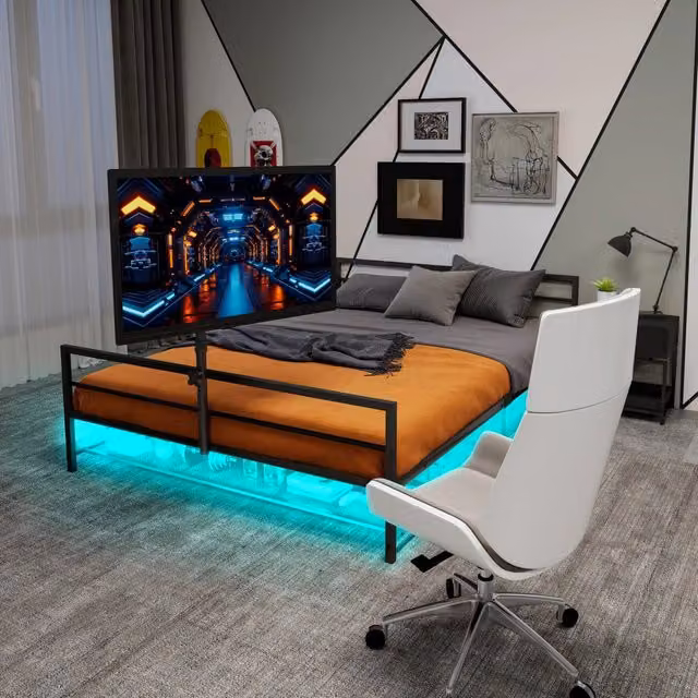 Letto in ferro nero con luci LED regolabili; supporto monitor orientabile; cestello portaoggetti e spazio sottoletto