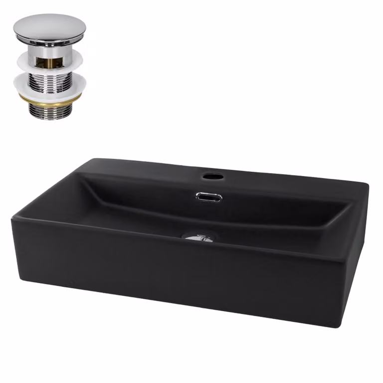 LuxeBath Lavabo da appoggio Square, 60,5x36,5x13 cm, nero, in Vetroceramica, incl. set di scarico con troppopieno