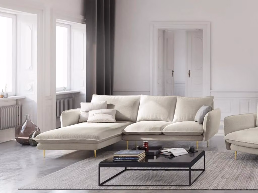 Divano angolare sinistro Vienna di Cosmopolitan Design, 5 posti in tessuto beige chiaro e oro con struttura in metallo, L: 255 cm, P: 170 cm, H: 95 cm – 2