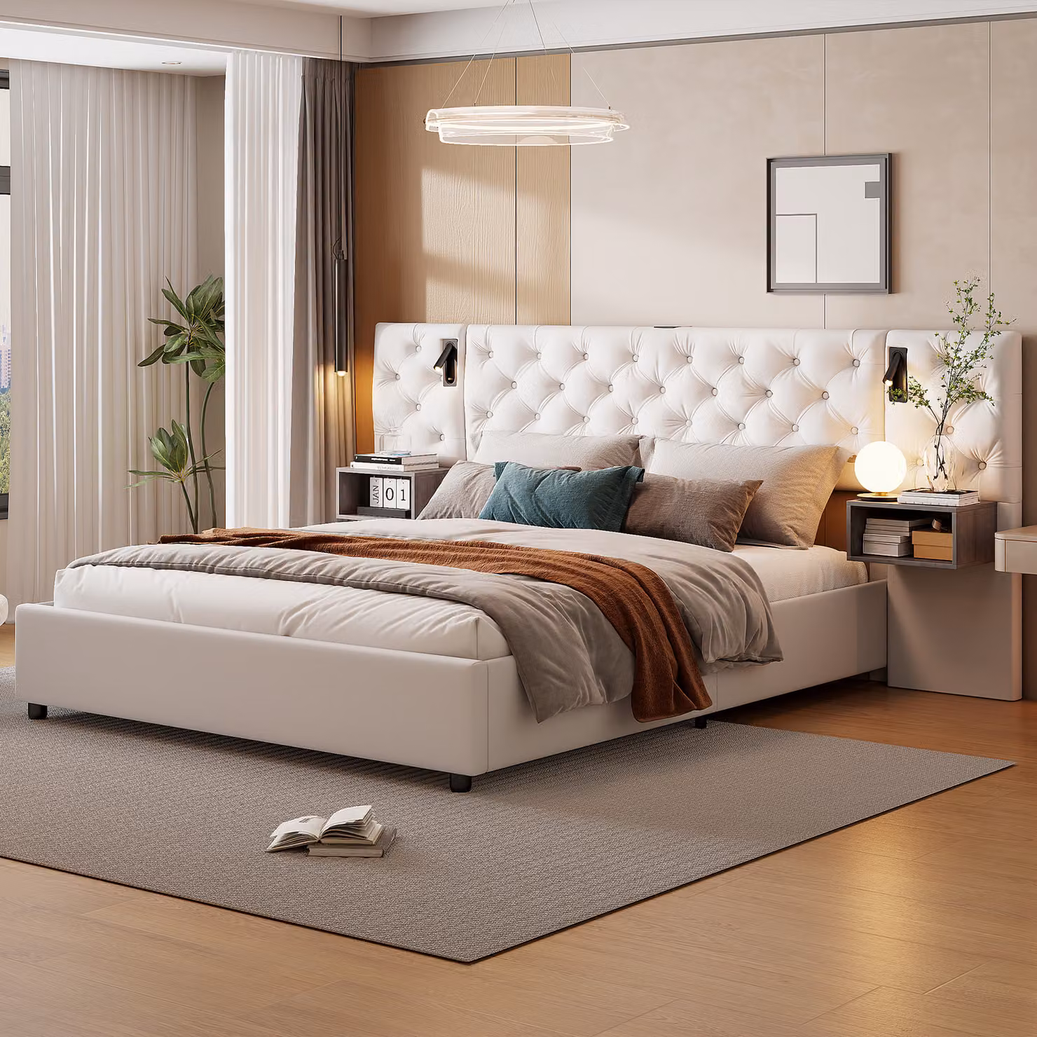 Letto matrimoniale imbottito Moonbite, dimensioni 160x200 cm, color beige, con luci da lettura e prese USB, testiera imbottita, rete a molle con sistema idraulico, capacità di carico fino a 300 kg