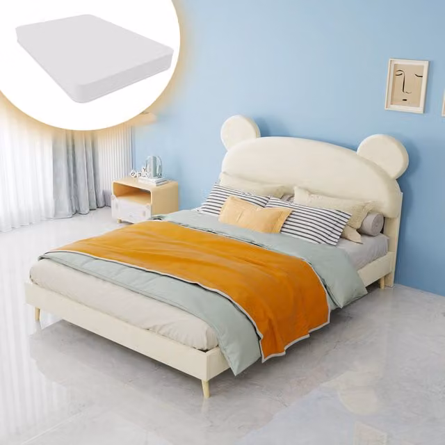 Letto bambino 140×200 cm con testiera imbottita a orecchie d'orso, materasso incluso, tessuto e metallo, beige