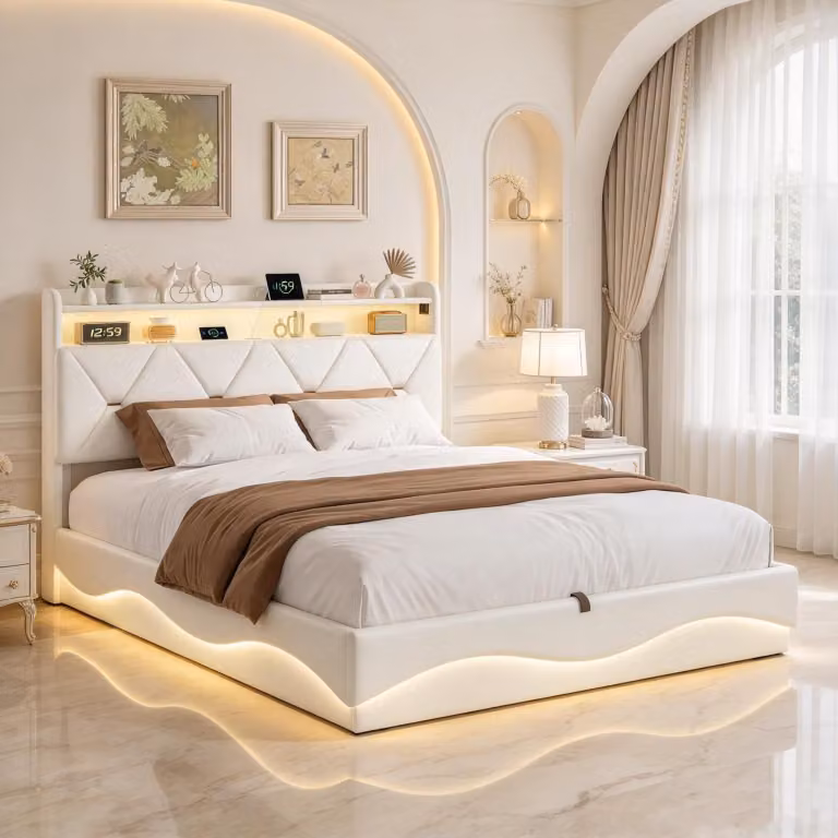 Letto imbottito INONEFT 160x200 cm con LED e USB, letto con sistema di sollevamento idraulico e rete a doghe, moderno letto a molle per la camera da letto, in velluto, color beige