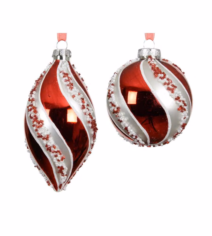Decoris Sfera di Vetro Natalizia - Rosso e Argento con Perline - 8 cm