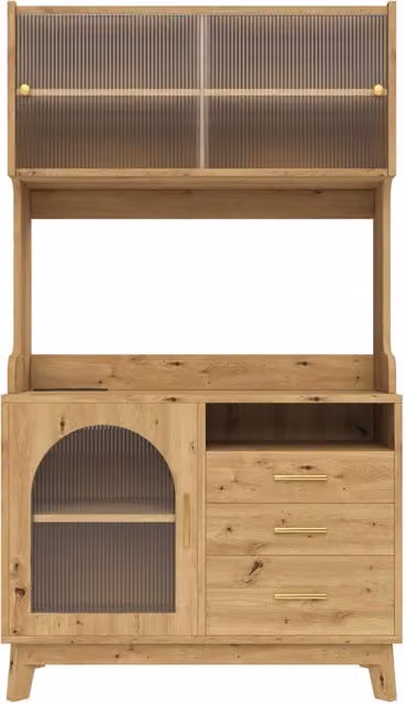 Hochschrank für Esszimmer 100,5x40x178 cm in Holzoptik mit integriertem Stromanschluss und USB-Ports