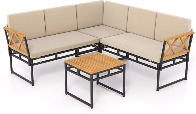 Set divano da esterno angolare a L composto da 4 pezzi con cuscini beige e tavolino in legno di acacia, struttura in acciaio verniciato bianco – 1