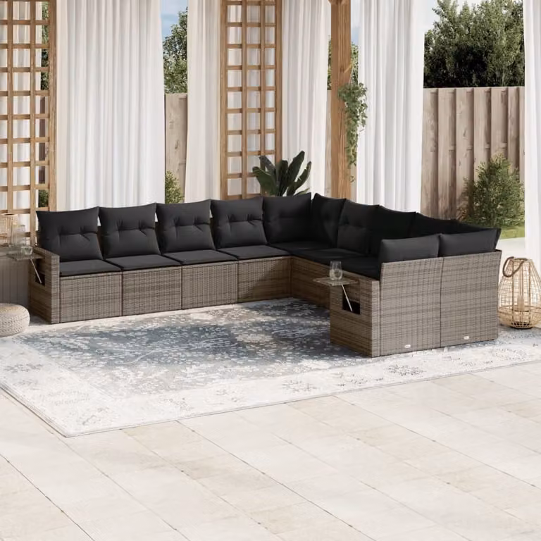 vidaXL Set Divano da Giardino 10 pz in Polyrattan Grigio con Cuscini e Tavolino