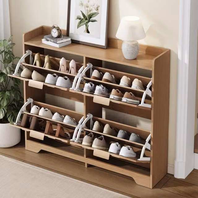 Scarpiera moderna Mivray con 4 scomparti a ribalta in MDF beige e marrone per ingresso L/P/H: 105 x 24 x 90 cm