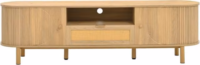Set mobili per soggiorno con tavolino regolabile in altezza e mobile TV in MDF effetto legno, con ampi spazi contenitivi e dettaglio in rattan