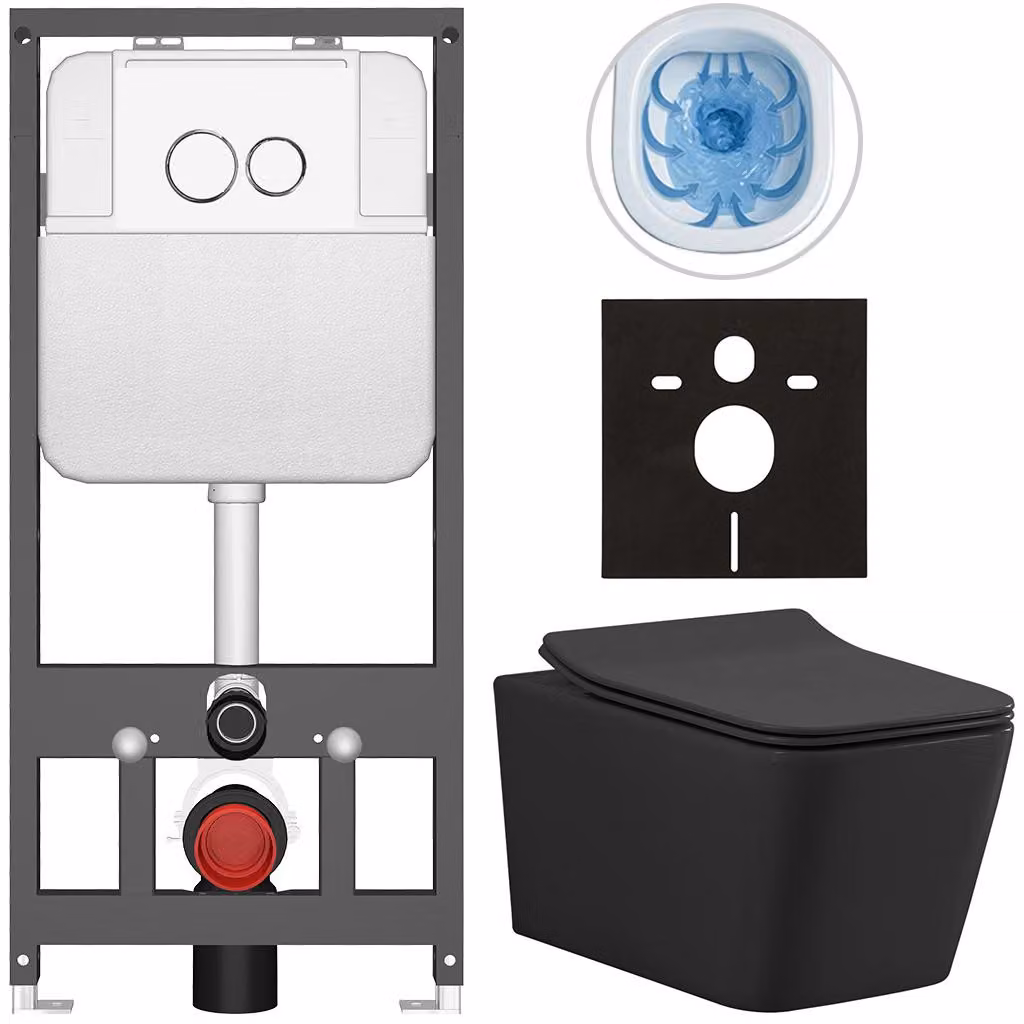 CERANO - Set WC da incasso Forte - nero opaco - pulsante Prime/Duoalo, bianco - sospeso - installazione pre-parete/cartongesso - 51x36 cm