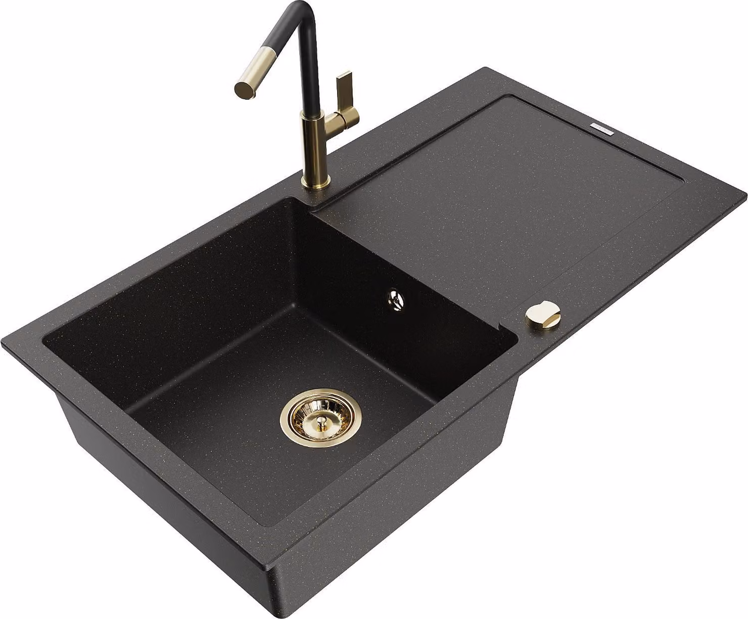 Mexen Leo lavello in granito a 1 vasca con sgocciolatoio e rubinetto cucina Flora, nero/oro metallizzato - 6501-75-670401-57-G