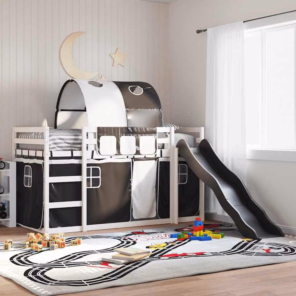 Letto a castello per bambini vidaXL con scivolo e tende in legno di pino, Bianco/Nero/Antracite, 90x200 cm – 1