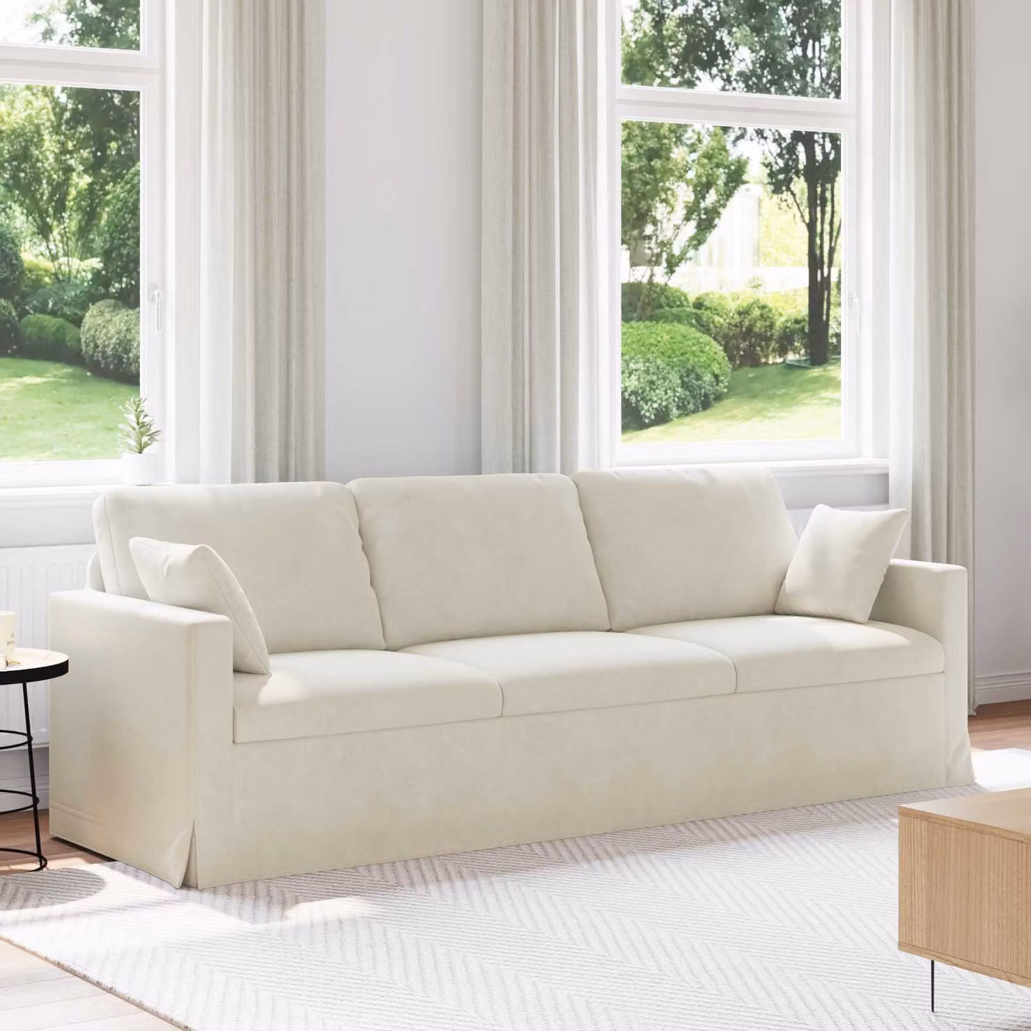 Divano moderno vidaXL in velluto beige con cuscini inclusi, L: 228 cm, P: 78 cm, H: 80 cm