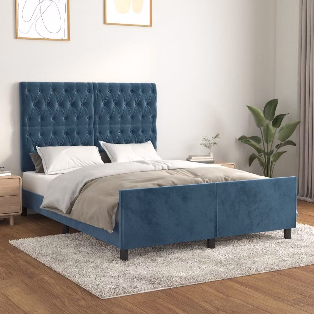 The Living Store Struttura letto con testiera in velluto blu scuro 140x190 cm