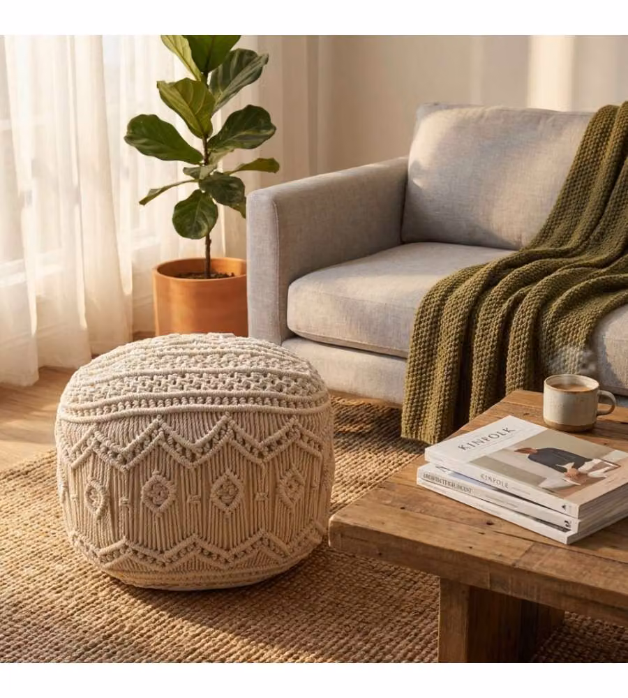Cosma Pouf Quadrato Bianco 45x45 cm in Cotone - Stile Boho