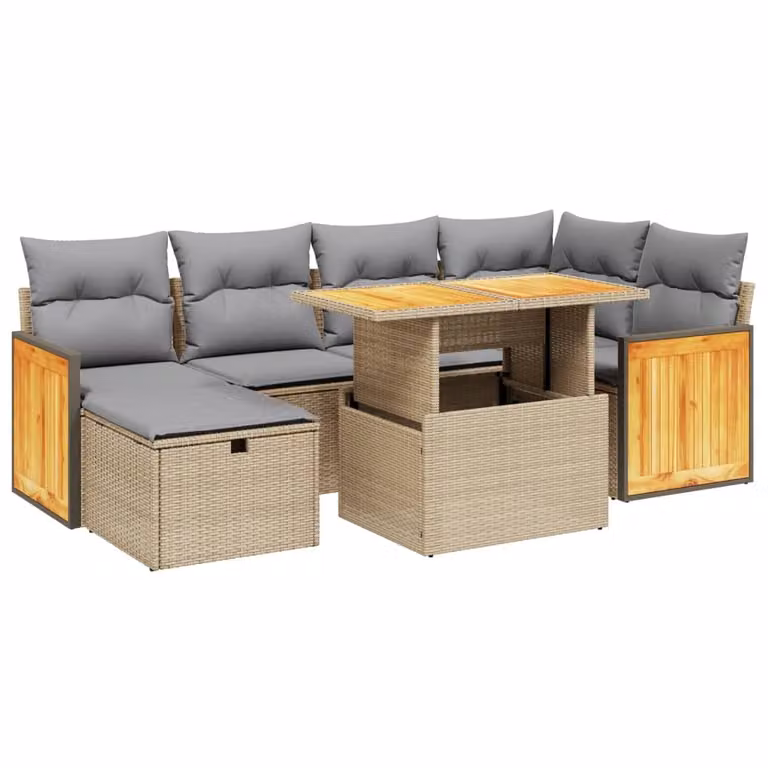 Set Divani da Giardino 7 pz con Cuscini Beige in Polyrattan