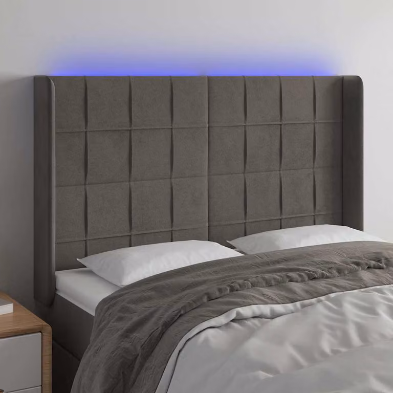 Testiera con LED e porte USB vidaXL in velluto grigio, L: 147 cm, P: 16 cm, H: 118-128 cm