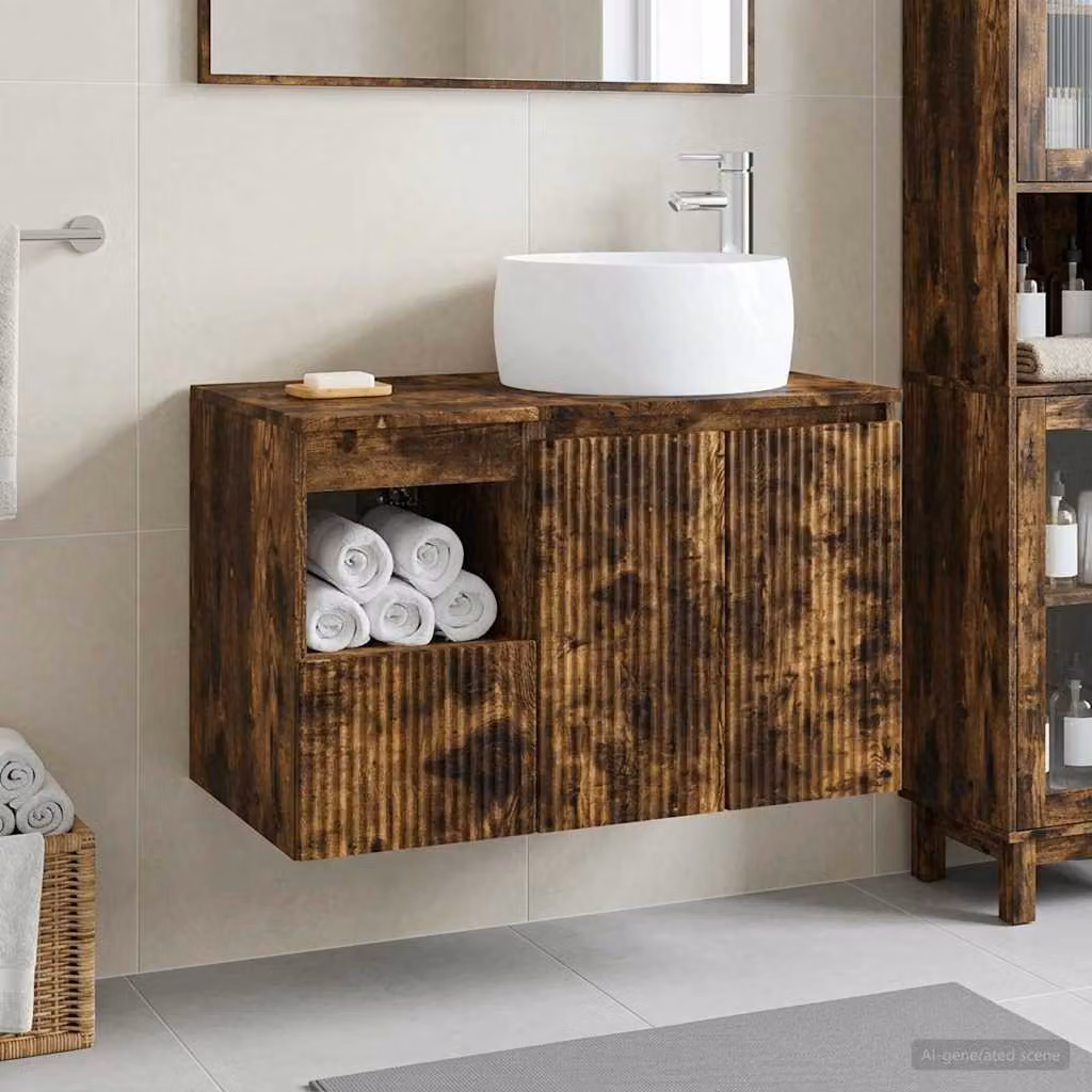 Set di mobili da bagno moderni vidaXL composto da mobile lavabo e pensile in legno marrone Rovere Fumo