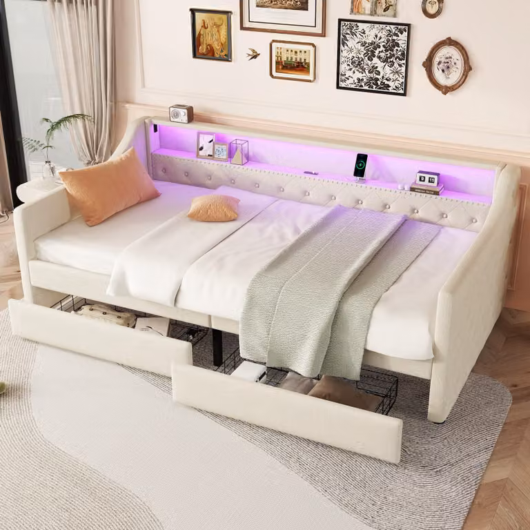 STILVORA Divano letto 90x200 cm, daybed per ragazzi, con luce d'atmosfera e telecomando, cassetti con presa USB, daybed per ragazzi, beige (senza materasso)