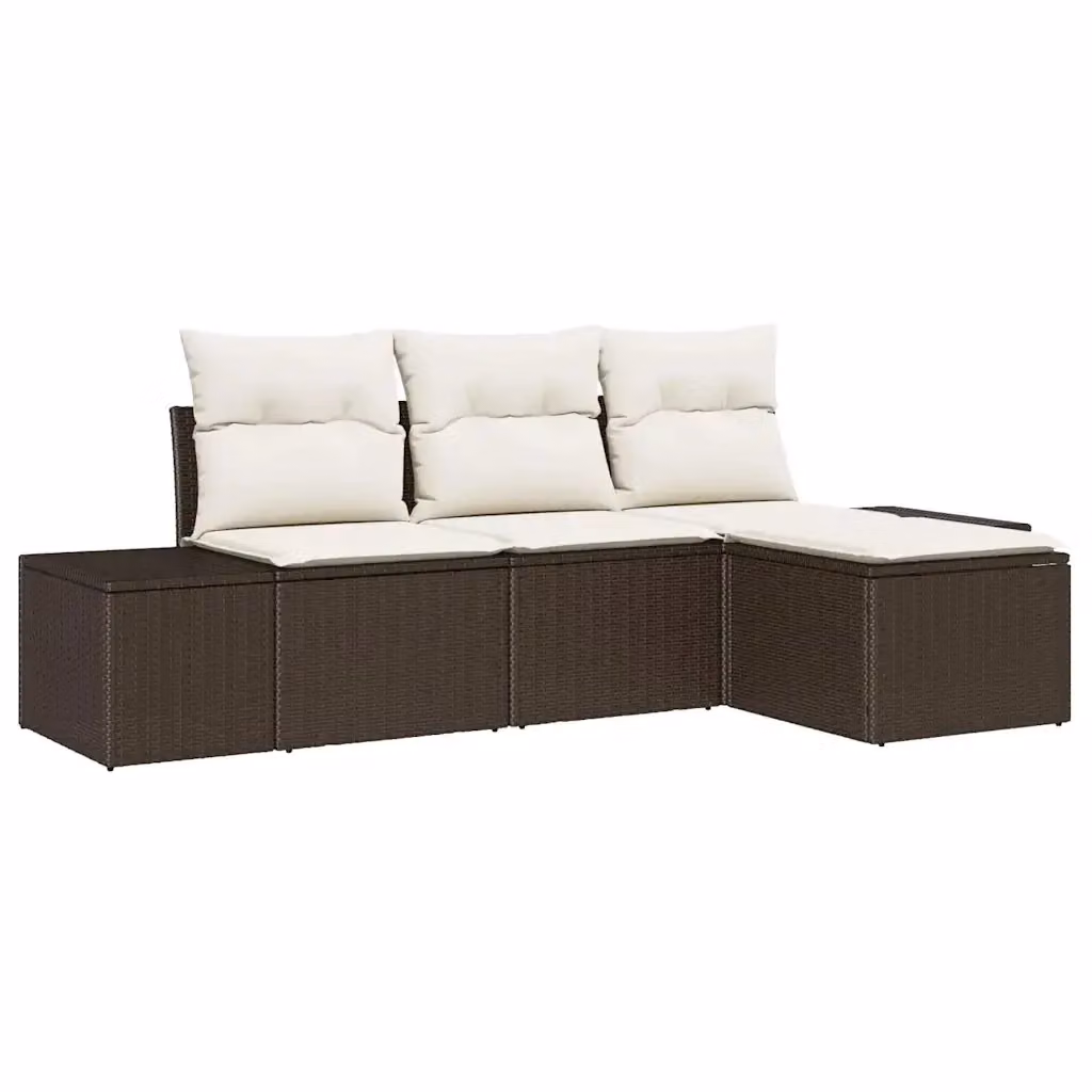 Set Divano da Giardino vidaXL 4 Pezzi a Forma di L con Tavolino e Pouf, Marrone e Beige, Struttura in Metallo e Polyrattan con Cuscini Inclusi – 2