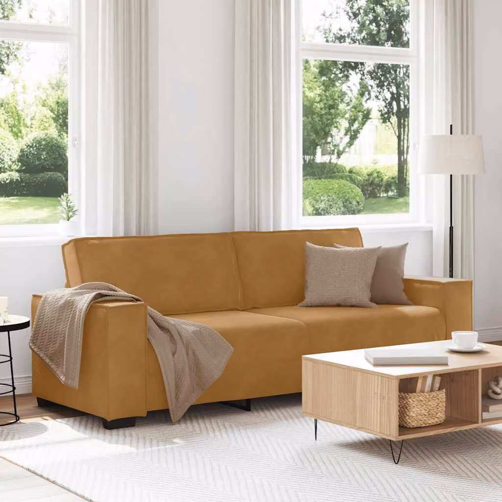 vidaXL Divano a 3 Posti in Velluto Marrone con Cuscini per Soggiorno e Ufficio, L: 220 cm, P: 78 cm, H: 84 cm