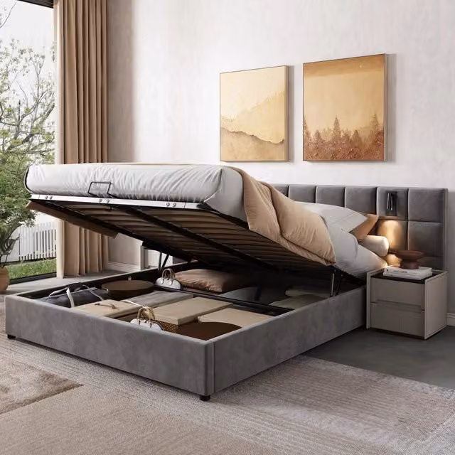 Letto imbottito 180 × 200 cm contenitore idraulico in acciaio grigio con testiera USB e luce da lettura