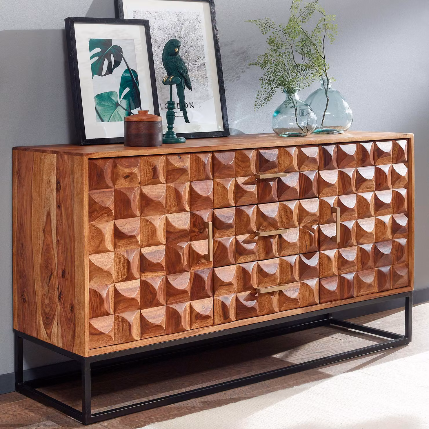 FineBuy Credenza in legno massiccio Sheesham 145 cm con 2 ante e 3 cassetti - Cassettiera solida e retrò con struttura in metallo Design nero Fatto a mano Industriale