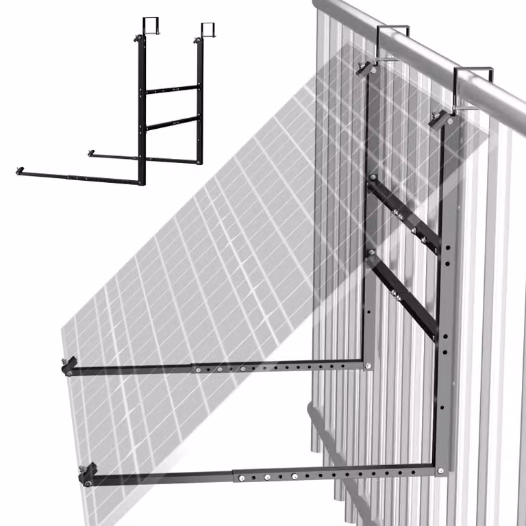 Supporto regolabile per impianti fotovoltaici da balcone, adatto per ringhiere, con gancio a forma di "L" per il fissaggio di pannelli solari da 400-600W, struttura metallica resistente alle intemperie