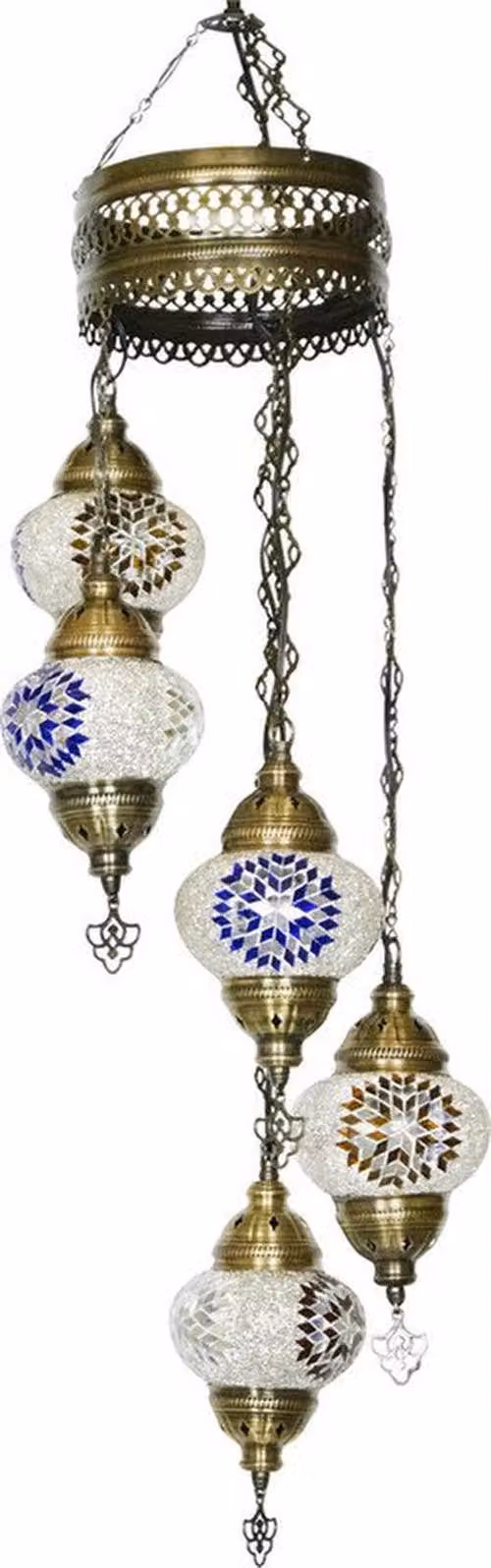 Lampada a sospensione Mosaico orientale in bianco, altezza 97 cm, larghezza 20 cm, diametro delle sfere 13,5 cm, attacco E14