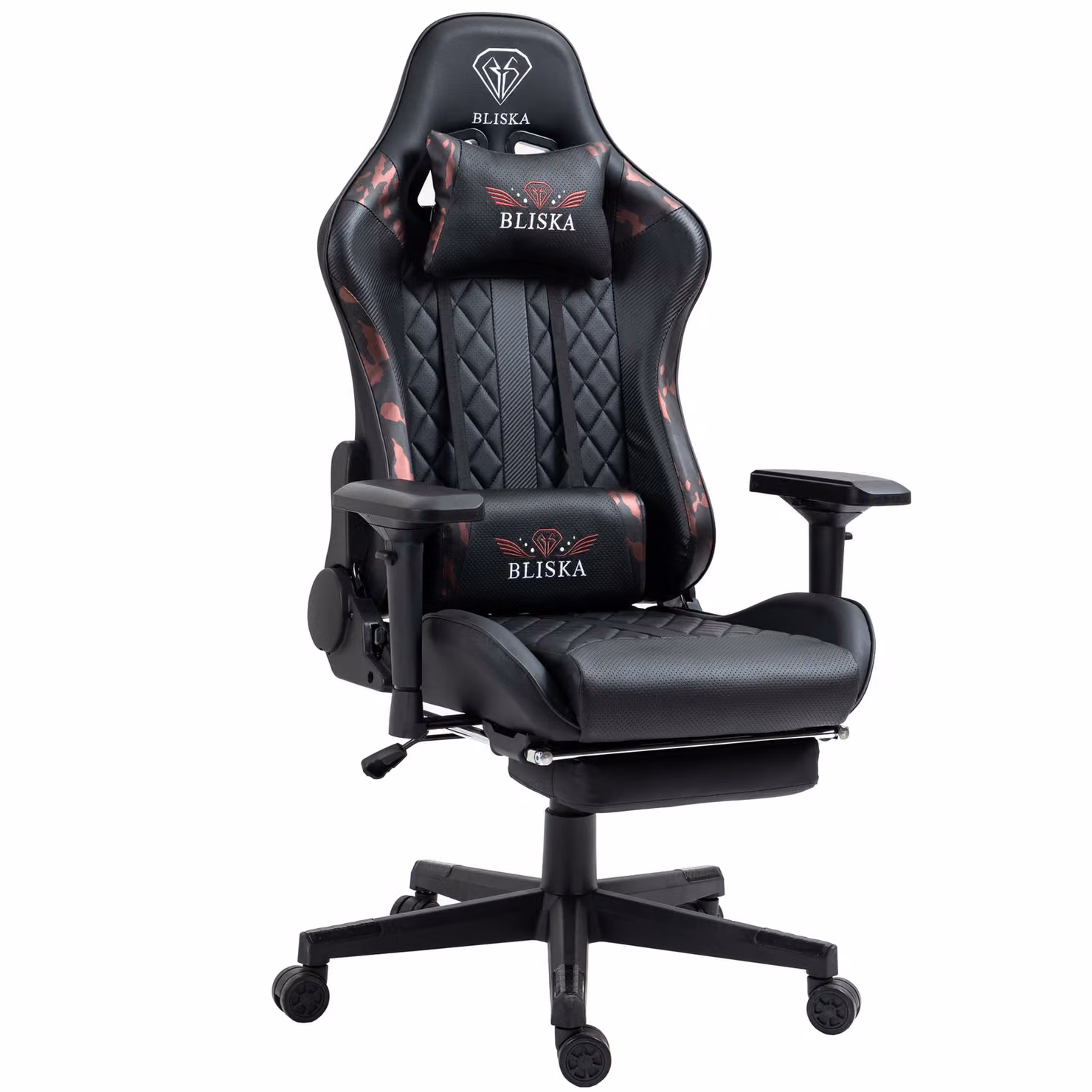 Poltrona da ufficio Chair Racing con poggiapiedi e braccioli ergonomici 4D, design sportivo ed ergonomico, colore: nero/rosa militare