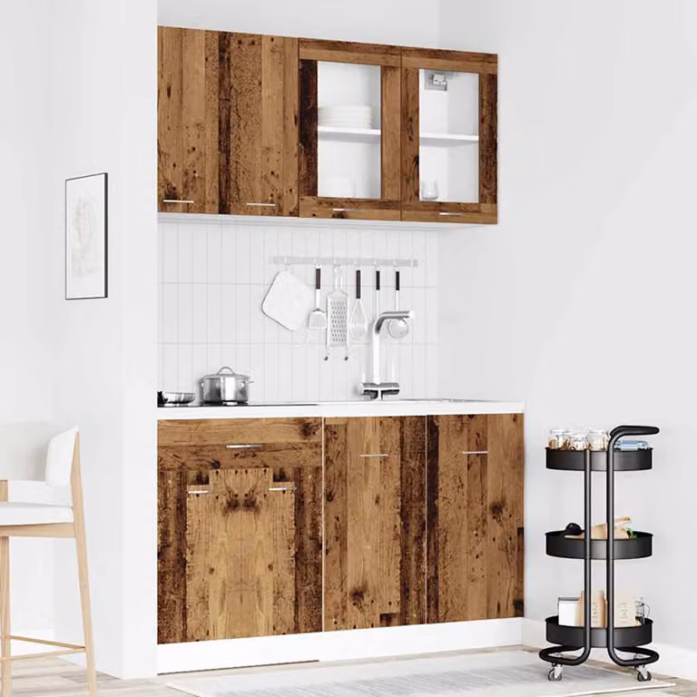 Set di mobili da cucina vidaXL Lyon 4 pezzi in legno antico marrone con ante in vetro e cassetti