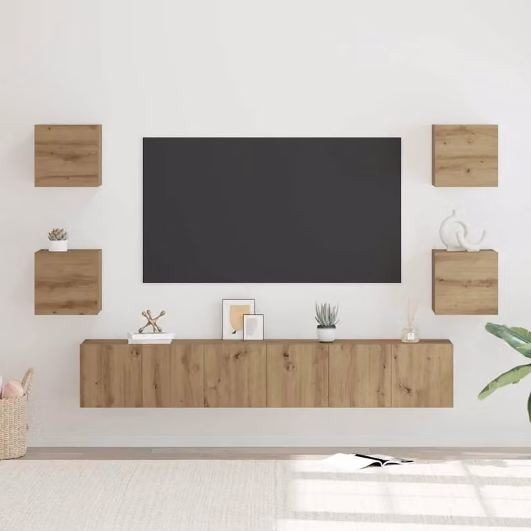 Set mobile TV moderno vidaXL in legno ingegnerizzato color rovere artigianale, 7 pezzi