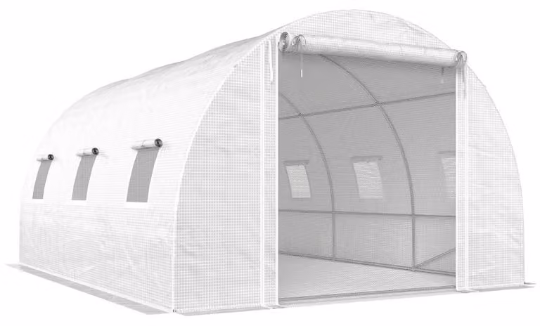 Serra a fogliame Moonbite, dimensioni 396 x 300 x 200 cm, struttura in acciaio zincato con diagonali, porta scorrevole e finestre a rete, bordo inferiore da 15 cm, realizzata in polietilene, colore bianco