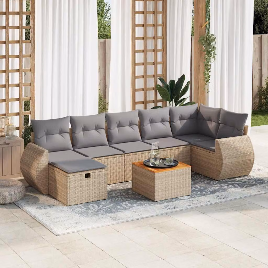 Set Divano da Giardino a L vidaXL 8 pz con Cuscini Beige e Tavolino in Polyrattan e Acciaio