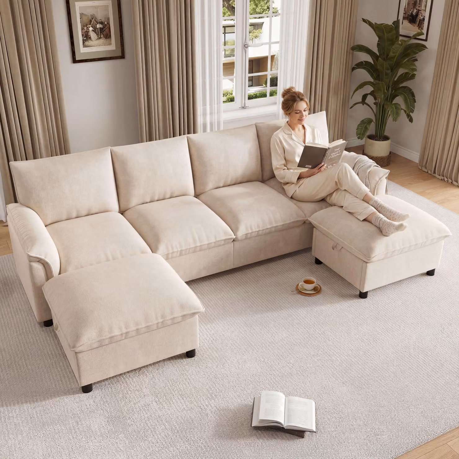 Divano a U Merax, divano ad angolo a 4 posti con 2 poggiapiedi, divano modulare Cloud con contenitore, divano in ciniglia con vano portaoggetti, divano, divano da salotto, beige