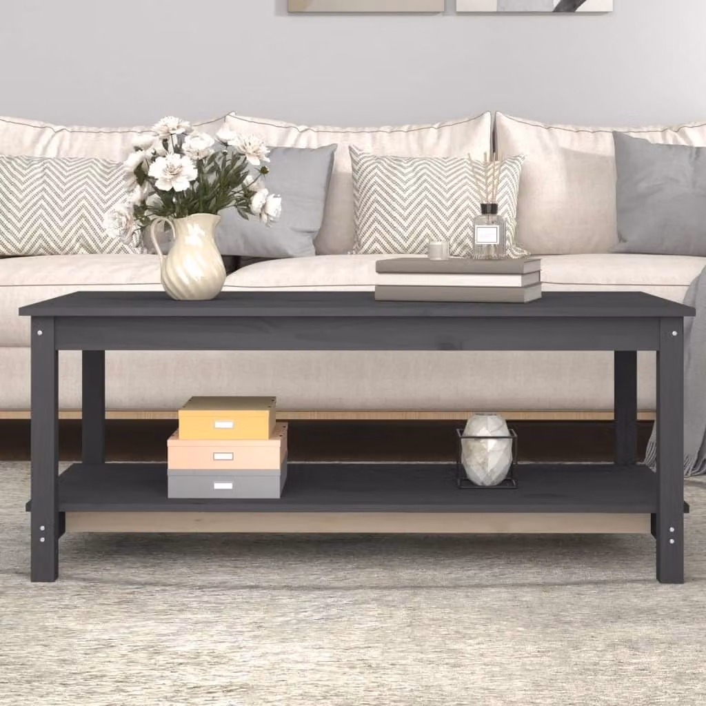The Living Store tavolino grigio 110x55x45 cm in legno di pino massiccio