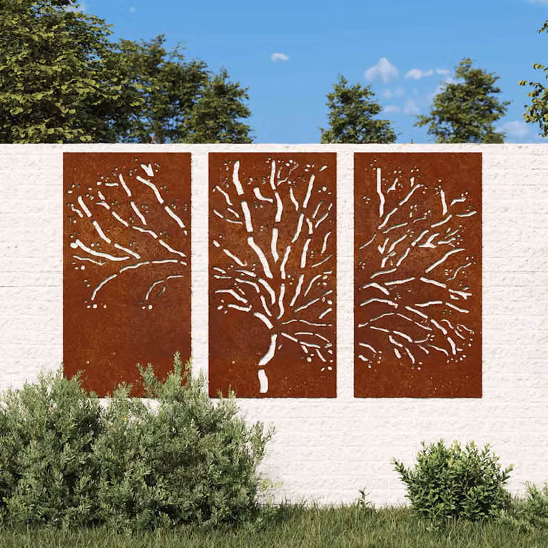 Set di 3 decorazioni da muro per giardino e parete vidaXL in acciaio corten color marrone, design botanico moderno, H: 105 cm x L: 55 cm