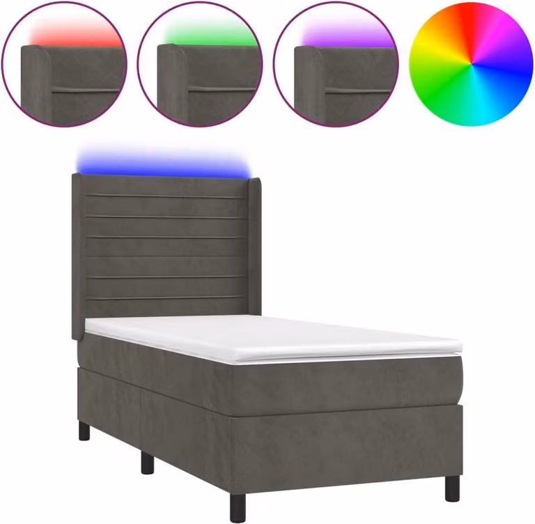 Letto a Molle con Materasso e LED Grigio Scuro 90x190cm Velluto