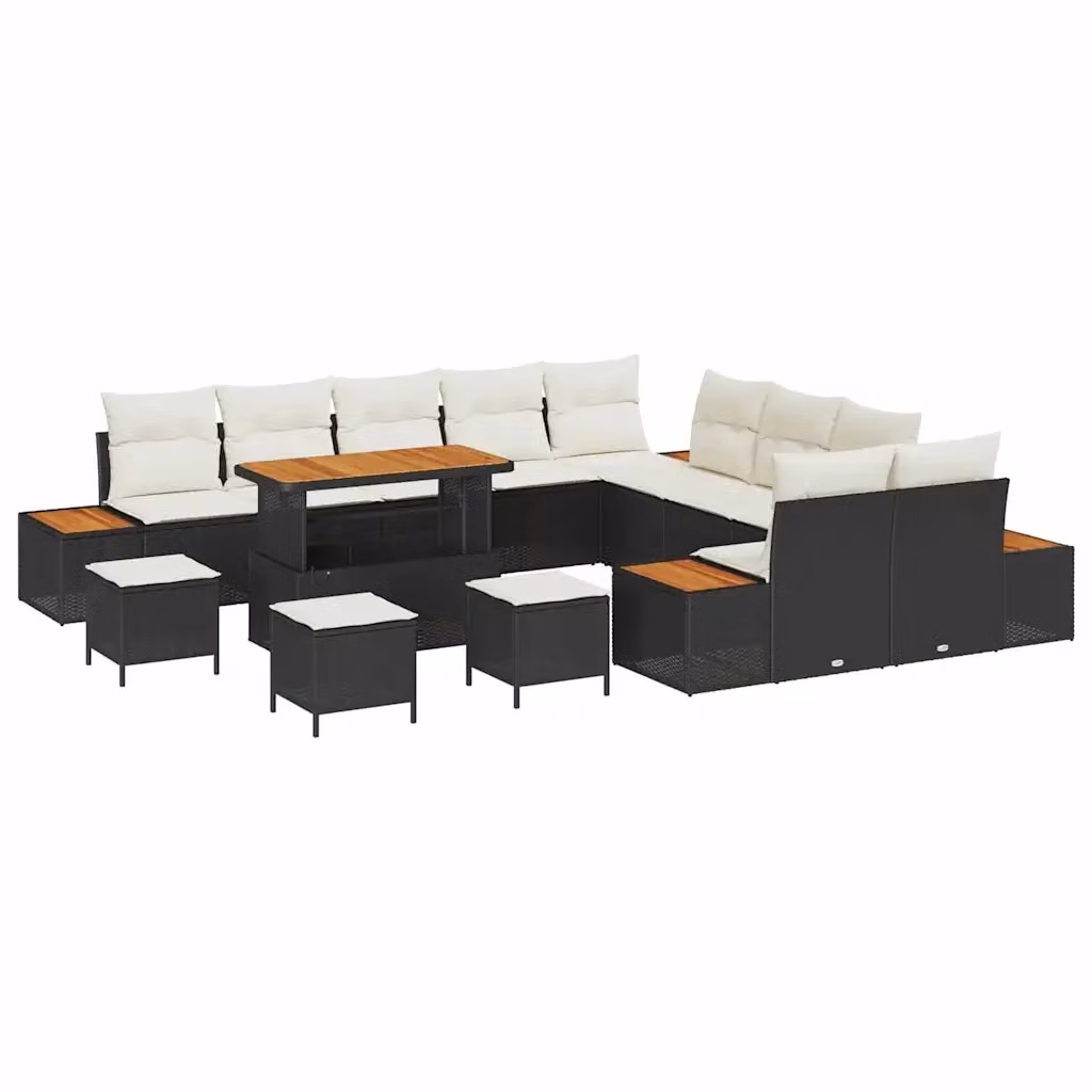 Set Divano da Giardino Moderno vidaXL a Forma a U con 14 Pezzi, Nero, con Cuscini e Tavolino da Caffè in Acciaio Verniciato a Polvere e Legno di Acacia – 2